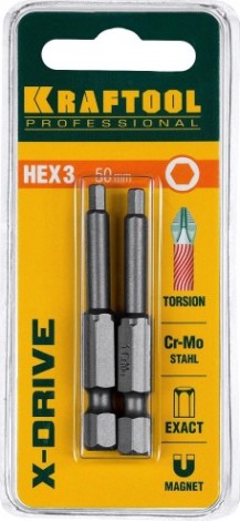 Бита для заворачивания KRAFTOOL X-DRIVE HEX3 торсионные кованые, обточенные, 50мм, 2шт. [26127-3-50-2]