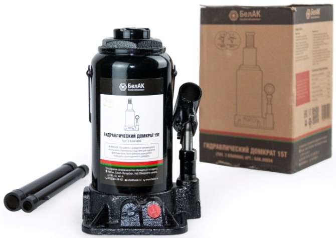 Домкрат бутылочный БелАК 15 тонн TUV 2 клапана, 225/435 мм (БАК.00034) [БАК.00034]