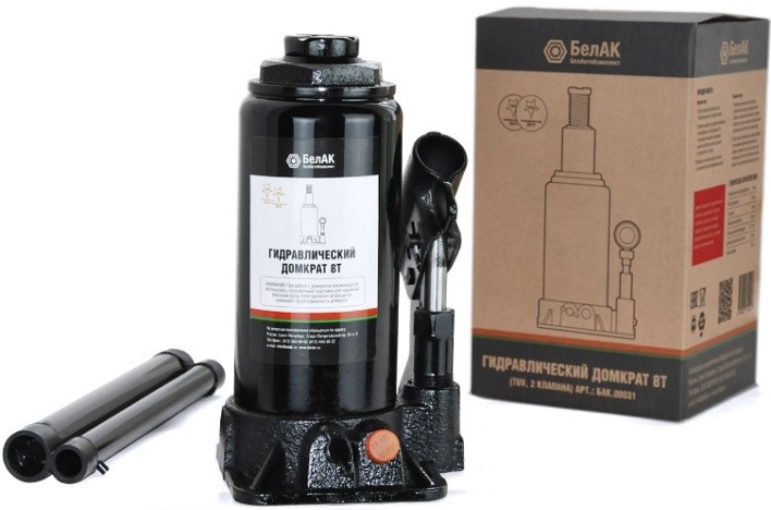 Домкрат бутылочный БелАК 8 тонн TUV 2 клапана, 195/390 мм (БАК.00031) [БАК.00031]