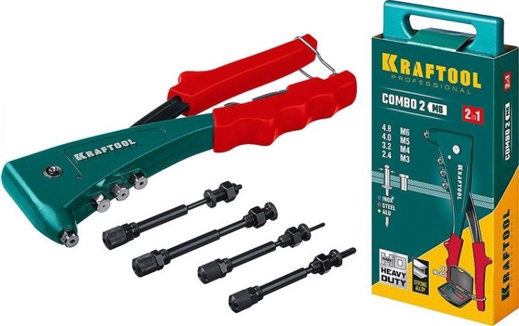 Клепальник KRAFTOOL Combo2-M6 комбинированный в кейсе, резьбовые м3-м6, вытяжные [31180]
