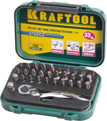 Набор бит KRAFTOOL EXPERT 26157-H33 с мини трещоткой 1/4", 33 пред. [26157-H33]