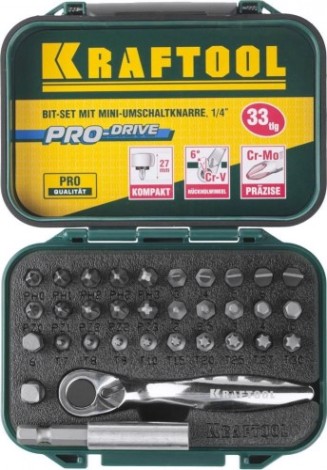 Набор бит KRAFTOOL EXPERT 26157-H33 с мини трещоткой 1/4", 33 пред. [26157-H33]