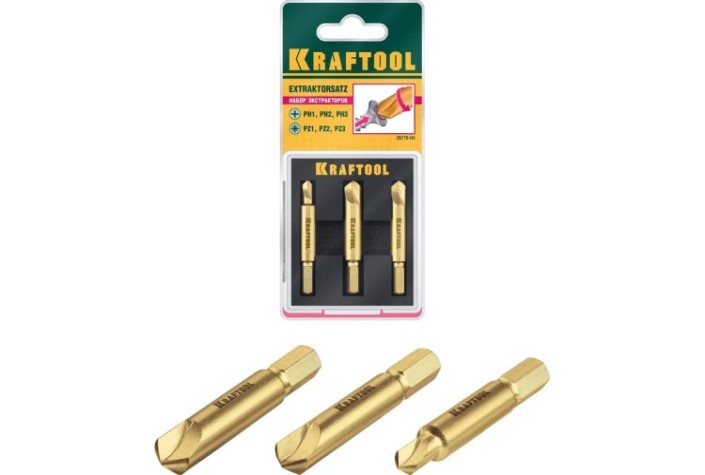 Набор экстракторов KRAFTOOL 3 предмета поврежденного крепежа до 95%, [26770-H3]