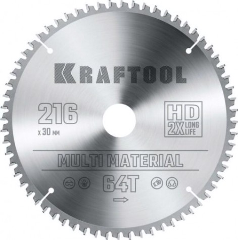 Пильный диск по алюминию KRAFTOOL 216х30мм 64T Multi Material [36953-216-30]