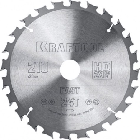 Пильный диск по дереву KRAFTOOL 36950-210-30 Fast 210х30мм 24T