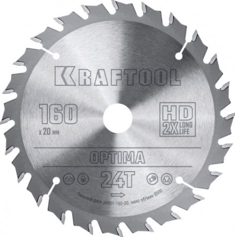 Пильный диск по дереву KRAFTOOL 36951-160-20 Optima 160х20мм 24T
