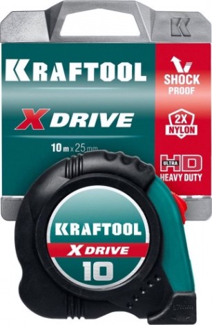 Рулетка KRAFTOOL X-Drive 10м/25мм с ударостойким обрезиненным корпусом [34122-10]
