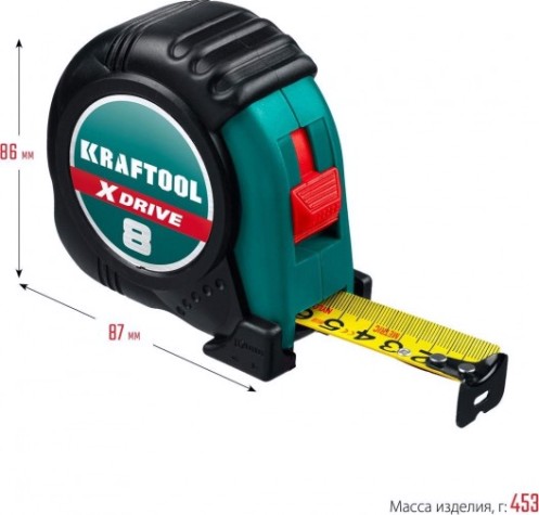 Рулетка KRAFTOOL X-Drive 8м/25мм с ударостойким обрезиненным корпусом [34122-08_z02]