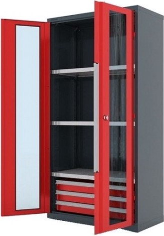 Шкаф инструментальный FERRUM "Premium" 1000х500х1950 h двери стеклом, 3 ящика, 3 полки RAL7016/3000 [13.1332]