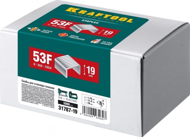 Скобы KRAFTOOL 19мм плоские тип 20GA, 5000 шт. [31787-19]