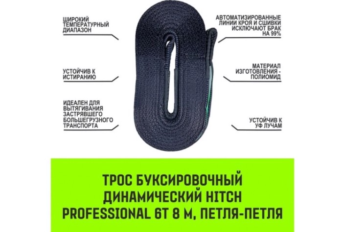 Трос буксировочный HITCH PROF лента 18 т, 8м динамический, масса авто 6 т, петля-петля [SZ071513]