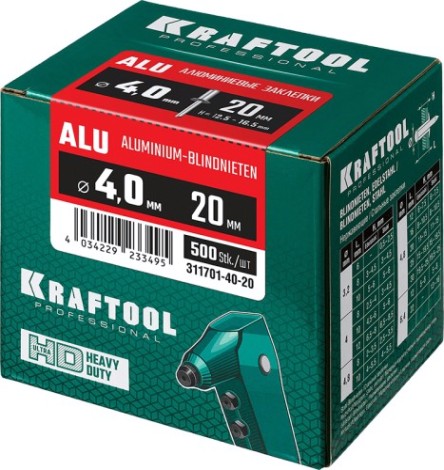 Заклепка алюминиевая KRAFTOOL 4,0 х 20 (уп.500 шт.) [311701-40-20]